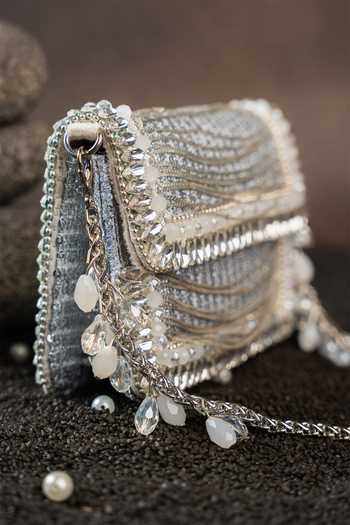 Shop_Nayaab By Sonia_Silver Beads, Pearls, Crystals Hinted Slate Mini Clutch Bag _Online_at_Aza_Fashions