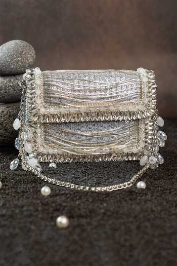 Nayaab By Sonia_Silver Beads, Pearls, Crystals Hinted Slate Mini Clutch Bag _at_Aza_Fashions