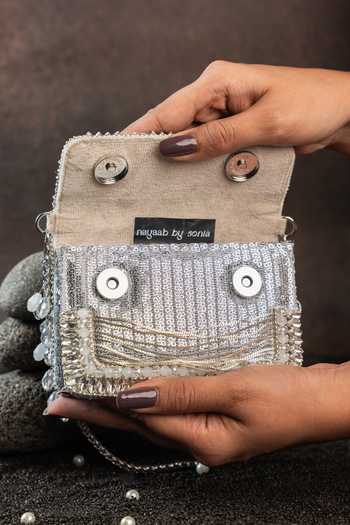 Buy Nayaab By Sonia Silver Beads, Pearls, Crystals Hinted Slate Mini Clutch Bag Buy_Nayaab By Sonia_Silver Beads, Pearls, Crystals Hinted Slate Mini Clutch Bag