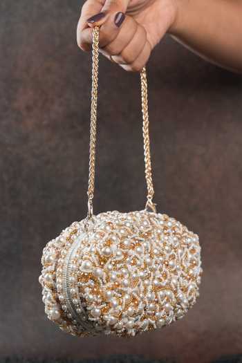 Nayaab By Sonia_White Pearl Radiance Clutch _Online_at_Aza_Fashions