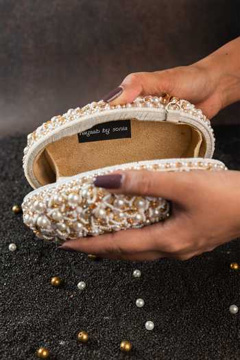 Nayaab By Sonia_White Pearl Radiance Clutch _at_Aza_Fashions