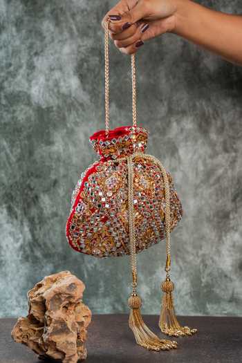 Nayaab By Sonia_Red Embroidery, Beads, Mirrors, Tassels Royal Abla Potli _Online_at_Aza_Fashions