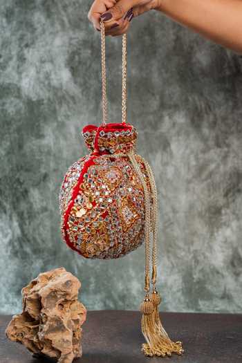 Shop_Nayaab By Sonia_Red Embroidery, Beads, Mirrors, Tassels Royal Abla Potli _Online_at_Aza_Fashions
