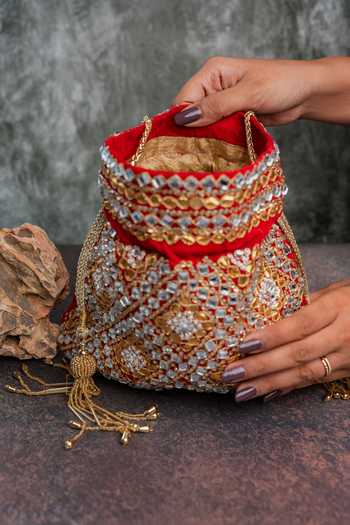 Nayaab By Sonia_Red Embroidery, Beads, Mirrors, Tassels Royal Abla Potli _at_Aza_Fashions