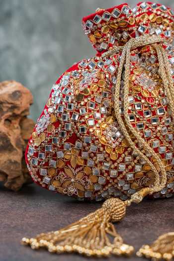 Buy_Nayaab By Sonia_Red Embroidery, Beads, Mirrors, Tassels Royal Abla Potli 