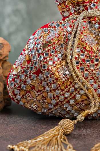 Shop_Nayaab By Sonia_Red Embroidery, Beads, Mirrors, Tassels Royal Abla Potli 