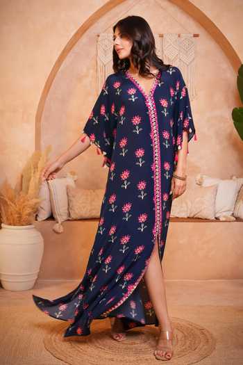 Shop Sajeda A Lehry Blue V-neck Saba Digital Print Kaftan Online at Aza Fashions Shop_Sajeda A Lehry_Blue V-neck Saba Digital Print Kaftan _Online_at_Aza_Fashions