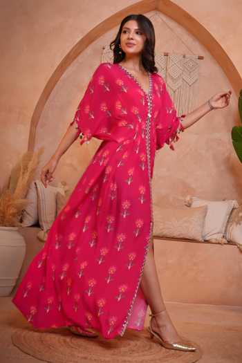Buy_Sajeda A Lehry_Pink V-neck Saba Printed Kaftan _Online_at_Aza_Fashions