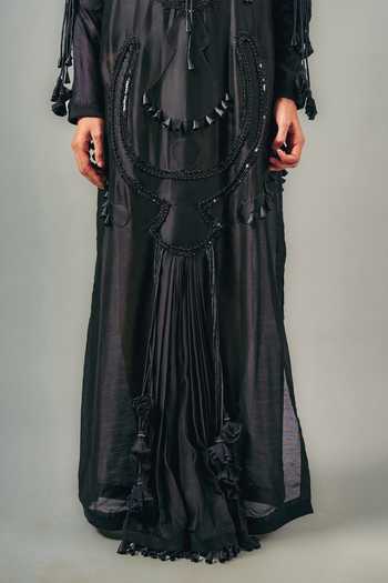 Shop Saim Black Silk, Chanderi, Satin, Jersey Mandarin Embroidered Draped Dhoti Dress Online at Aza Fashions Shop_Saim_Black Silk, Chanderi, Satin, Jersey Mandarin Embroidered Draped Dhoti Dress _Online_at_Aza_Fashions