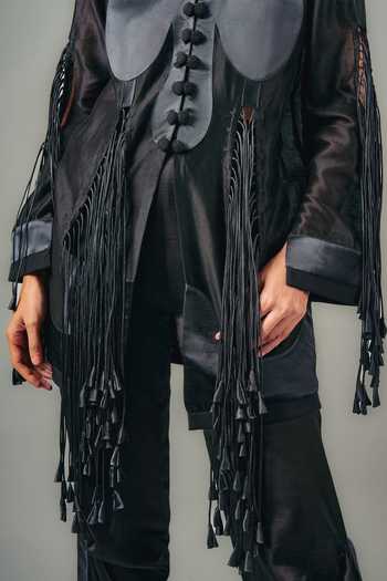 Shop Saim Black Silk, Chanderi, Satin Mandarin Collar Tassel Jacket And Trouser Set Online at Aza Fashions Shop_Saim_Black Silk, Chanderi, Satin Mandarin Collar Tassel Jacket And Trouser Set _Online_at_Aza_Fashions