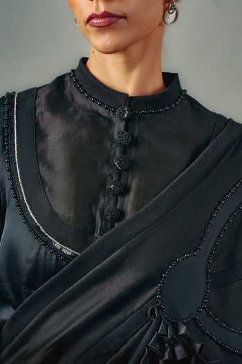 Shop_Saim_Black Silk, Chanderi, Satin, Jersey Mandarin Collar Patchwork Top Skirt Set _Online_at_Aza_Fashions