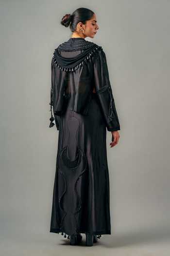 Shop Saim Black Silk, Chanderi, Satin, Jersey Quilted Neckline Draped Top And Skirt Set at Aza Fashions Shop_Saim_Black Silk, Chanderi, Satin, Jersey Quilted Neckline Draped Top And Skirt Set _at_Aza_Fashions