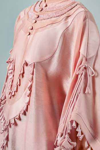 Shop_Saim_Pink Silk, Chanderi, Satin Mandarin Patchwork Embroidered Cape And Skirt Set _Online_at_Aza_Fashions