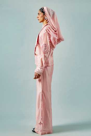 Saim Pink Silk, Chanderi, Satin Placement Embroidered Draped Shirt And Pant Set Online at Aza Fashions Saim_Pink Silk, Chanderi, Satin Placement Embroidered Draped Shirt And Pant Set _Online_at_Aza_Fashions