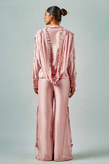 Shop Saim Pink Silk, Chanderi, Satin Placement Embroidered Draped Shirt And Pant Set at Aza Fashions Shop_Saim_Pink Silk, Chanderi, Satin Placement Embroidered Draped Shirt And Pant Set _at_Aza_Fashions
