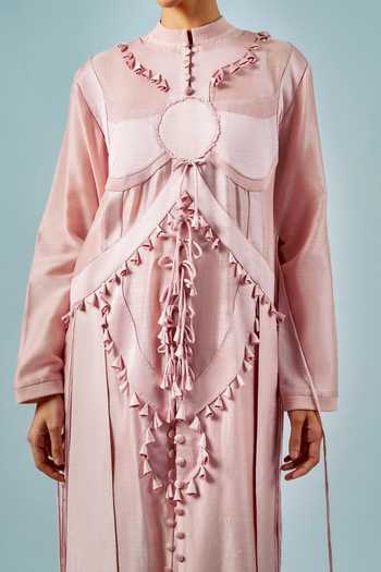 Saim_Pink Silk, Chanderi, Satin Ornament Patchwork Embroidered Kurta And Pant Set _Online_at_Aza_Fashions