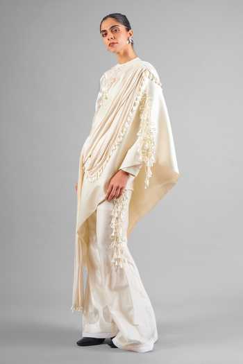 Saim Ivory Silk, Satin, Jersey, Chanderi Round Neck Tassel Draped Top And Pant Set Online at Aza Fashions Saim_Ivory Silk, Satin, Jersey, Chanderi Round Neck Tassel Draped Top And Pant Set _Online_at_Aza_Fashions