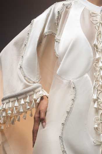 Saim_Ivory Silk, Chanderi, Satin High Neck Embroidered Kaftan And Pant Set _at_Aza_Fashions