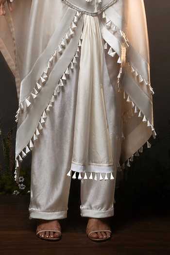 Buy_Saim_Ivory Silk, Chanderi, Satin High Neck Embroidered Kaftan And Pant Set _Online_at_Aza_Fashions