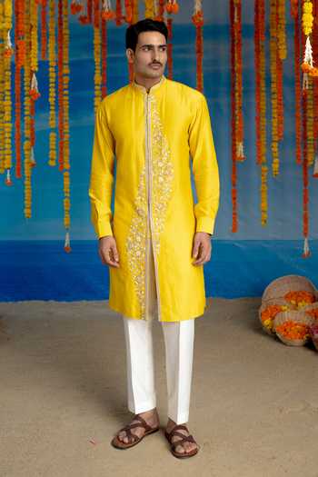 Buy Mint Blush Yellow Chanderi Silk Sunray Embroidered Kurta Set Buy_Mint Blush_Yellow Chanderi Silk Sunray Embroidered Kurta Set