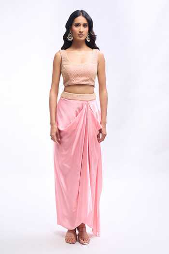 Aariyana Couture Pink Satin Open , Scoop Ruffled Jacket With Draped Skirt Set Online at Aza Fashions Aariyana Couture_Pink Satin Open , Scoop Ruffled Jacket With Draped Skirt Set _Online_at_Aza_Fashions
