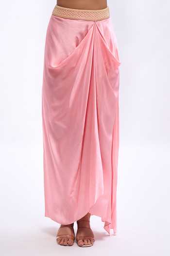 Buy Aariyana Couture Pink Satin Open , Scoop Ruffled Jacket With Draped Skirt Set Online at Aza Fashions Buy_Aariyana Couture_Pink Satin Open , Scoop Ruffled Jacket With Draped Skirt Set _Online_at_Aza_Fashions