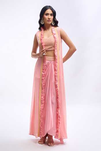 Shop Aariyana Couture Pink Satin Open , Scoop Ruffled Jacket With Draped Skirt Set Online at Aza Fashions Shop_Aariyana Couture_Pink Satin Open , Scoop Ruffled Jacket With Draped Skirt Set _Online_at_Aza_Fashions