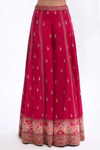 Aariyana Couture_Fuchsia Silk Square Neck Floral Embroidered Sharara Set _Online_at_Aza_Fashions