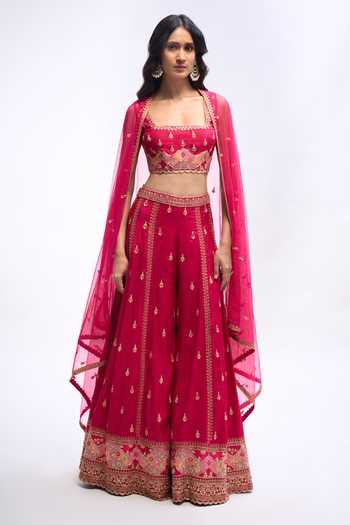 Shop_Aariyana Couture_Fuchsia Silk Square Neck Floral Embroidered Sharara Set _Online_at_Aza_Fashions