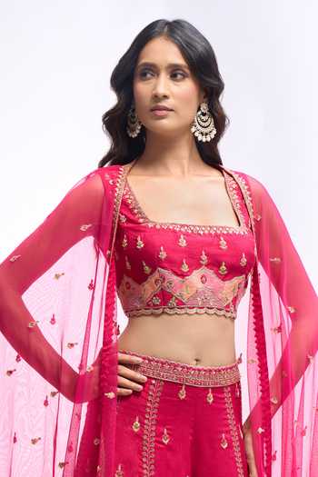 Aariyana Couture_Fuchsia Silk Square Neck Floral Embroidered Sharara Set _at_Aza_Fashions