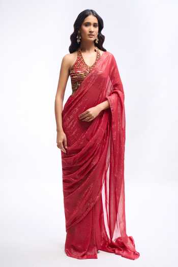 Aariyana Couture Pre Draped Saree With Embroidered Blouse 