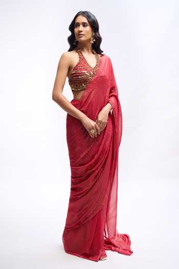 Aariyana Couture Red Georgette, Lurex Halter Neck Pre Draped Saree With Embroidered Blouse Online at Aza Fashions Aariyana Couture_Red Georgette, Lurex Halter Neck Pre Draped Saree With Embroidered Blouse _Online_at_Aza_Fashions