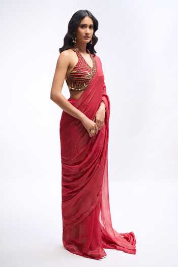 Buy Aariyana Couture Red Georgette, Lurex Halter Neck Pre Draped Saree With Embroidered Blouse Online at Aza Fashions Buy_Aariyana Couture_Red Georgette, Lurex Halter Neck Pre Draped Saree With Embroidered Blouse _Online_at_Aza_Fashions