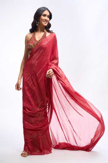 Shop Aariyana Couture Red Georgette, Lurex Halter Neck Pre Draped Saree With Embroidered Blouse Online at Aza Fashions Shop_Aariyana Couture_Red Georgette, Lurex Halter Neck Pre Draped Saree With Embroidered Blouse _Online_at_Aza_Fashions