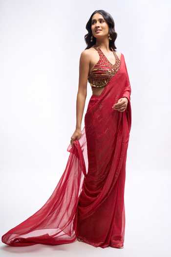 Aariyana Couture Red Georgette, Lurex Halter Neck Pre Draped Saree With Embroidered Blouse at Aza Fashions Aariyana Couture_Red Georgette, Lurex Halter Neck Pre Draped Saree With Embroidered Blouse _at_Aza_Fashions