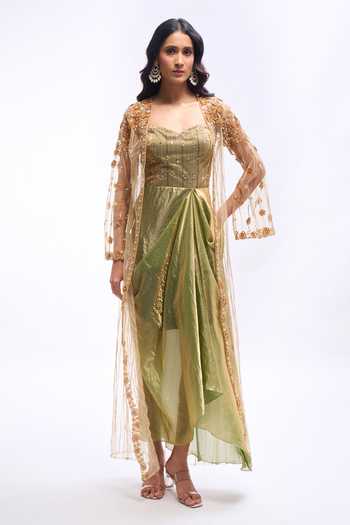 Aariyana Couture Embroidered Jacket & Draped Dress Set 