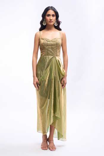 Aariyana Couture_Green Organza, Tissue, Net Sweetheart Embroidered Jacket And Draped Dress Set _Online_at_Aza_Fashions