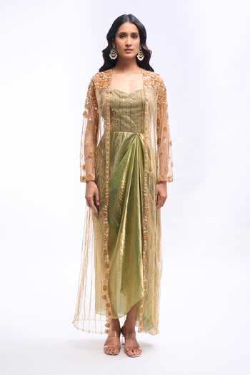 Buy_Aariyana Couture_Green Organza, Tissue, Net Sweetheart Embroidered Jacket And Draped Dress Set _Online_at_Aza_Fashions