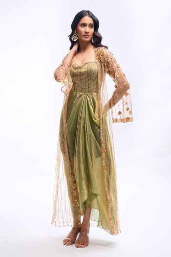 Shop_Aariyana Couture_Green Organza, Tissue, Net Sweetheart Embroidered Jacket And Draped Dress Set _Online_at_Aza_Fashions