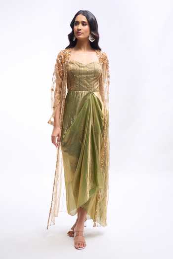 Aariyana Couture_Green Organza, Tissue, Net Sweetheart Embroidered Jacket And Draped Dress Set _at_Aza_Fashions