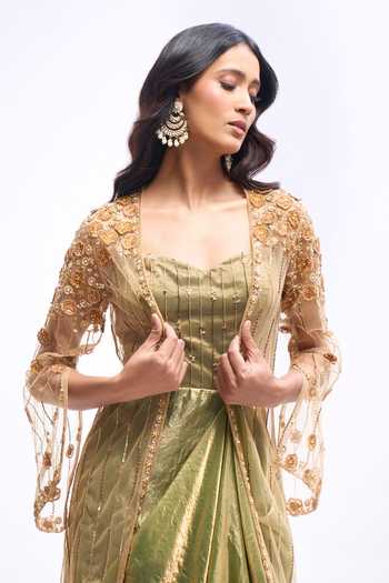 Buy_Aariyana Couture_Green Organza, Tissue, Net Sweetheart Embroidered Jacket And Draped Dress Set 