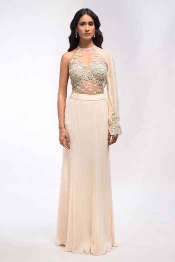 Aariyana Couture Off White Net Embroidery, Sequins, Beads, Draped Saree Skirt Set With Bodysuit Online at Aza Fashions Aariyana Couture_Off White Net Embroidery, Sequins, Beads, Draped Saree Skirt Set With Bodysuit _Online_at_Aza_Fashions