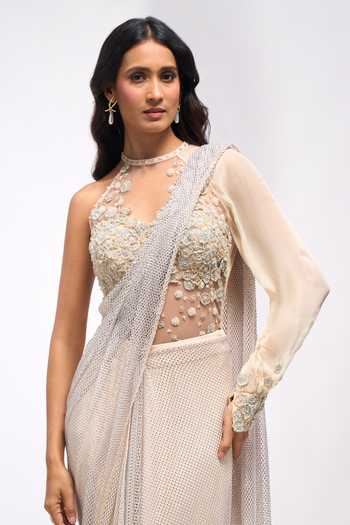 Shop Aariyana Couture Off White Net Embroidery, Sequins, Beads, Draped Saree Skirt Set With Bodysuit Online at Aza Fashions Shop_Aariyana Couture_Off White Net Embroidery, Sequins, Beads, Draped Saree Skirt Set With Bodysuit _Online_at_Aza_Fashions