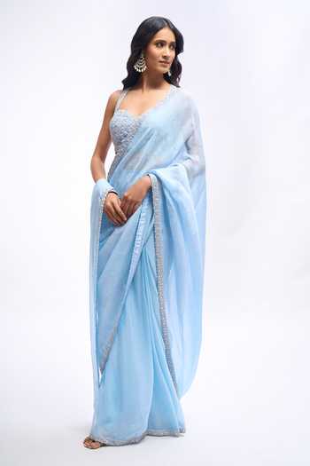 Buy_Aariyana Couture_Sky Blue Georgette Sweetheart Neck Pre Draped Saree With Embroidered Blouse _Online_at_Aza_Fashions