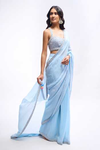 Shop_Aariyana Couture_Sky Blue Georgette Sweetheart Neck Pre Draped Saree With Embroidered Blouse _Online_at_Aza_Fashions