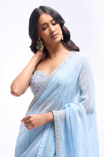 Aariyana Couture_Sky Blue Georgette Sweetheart Neck Pre Draped Saree With Embroidered Blouse _at_Aza_Fashions