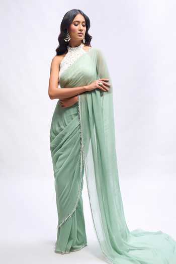 Buy Aariyana Couture Green Georgette Halter Neck Pre Draped Saree With Blouse Online at Aza Fashions Buy_Aariyana Couture_Green Georgette Halter Neck Pre Draped Saree With Blouse _Online_at_Aza_Fashions