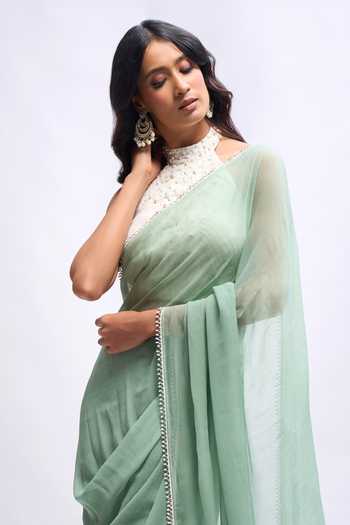 Shop Aariyana Couture Green Georgette Halter Neck Pre Draped Saree With Blouse Online at Aza Fashions Shop_Aariyana Couture_Green Georgette Halter Neck Pre Draped Saree With Blouse _Online_at_Aza_Fashions