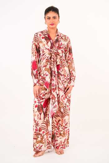 Shop 9899 Multi Color Crepe Collared Neck Aranya Printed Wrap Top And Pant Co-ord Set at Aza Fashions Shop_9899_Multi Color Crepe Collared Neck Aranya Printed Wrap Top And Pant Co-ord Set _at_Aza_Fashions