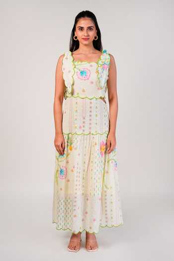 9899 Green Cotton Sweetheart Neck Bloom Hakoba Sun Dress Online at Aza Fashions 9899_Green Cotton Sweetheart Neck Bloom Hakoba Sun Dress _Online_at_Aza_Fashions